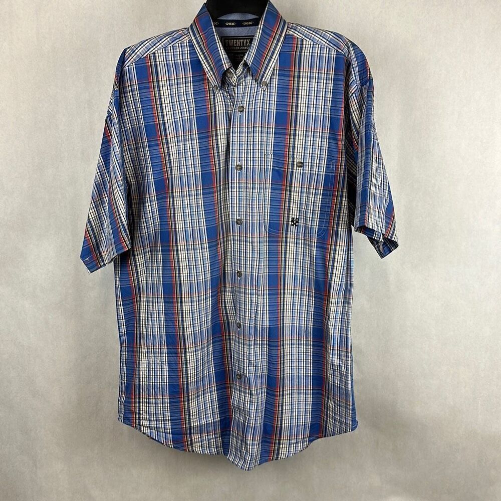 Wrangler 20X Button Front Shirt Mens Sz M Short Sleeve Plaid Blue Red White USA
